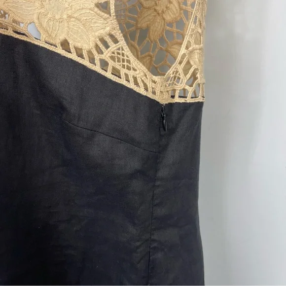 NWT LOFT Black Linen Shift Mini Dress Beige Crochet Lace Floral Neck Color Block - Picture 9 of 13